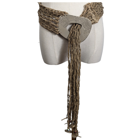 Vintage Susan Riedweg Statement Belt Wood Waxed Cord Macrame Knotted Beads Tan - Picture 1 of 12